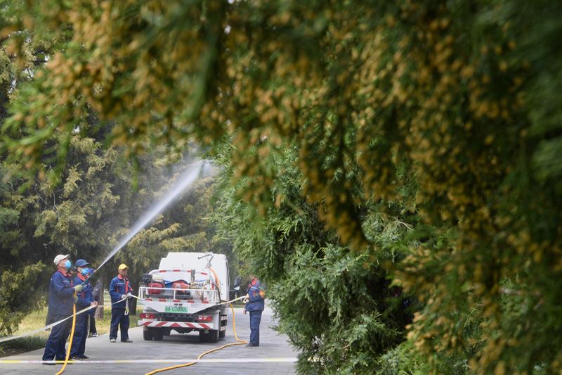 （来源：北京青年报，天坛公园喷水作业降低花粉浓度）