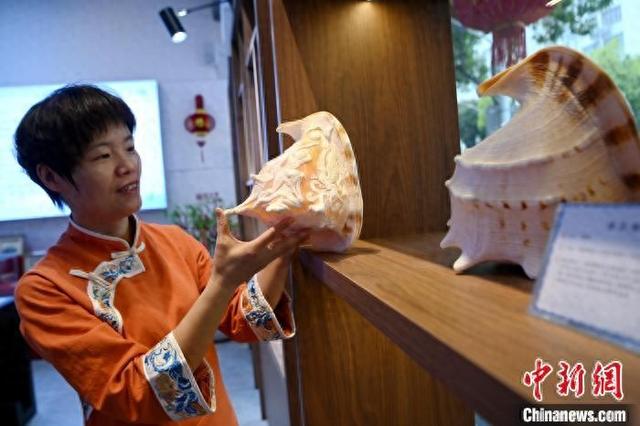 3月28日，翁清香在福建省漳州市工艺美术馆向记者介绍闽南贝雕作品。中新网记者 张金川 摄