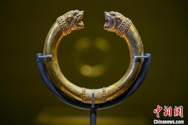 4月1日，广东广州，广东省博物馆“群星点亮的夜空——波斯文化艺术瑰宝展”中的黄金狮首授权环。中新社记者 陈骥旻 摄