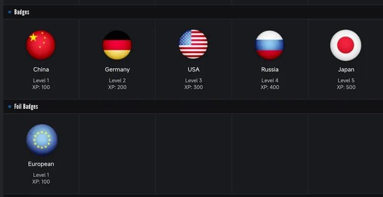 每级徽章对应着国家的国旗，很多圈外人看到了也很乐意收集