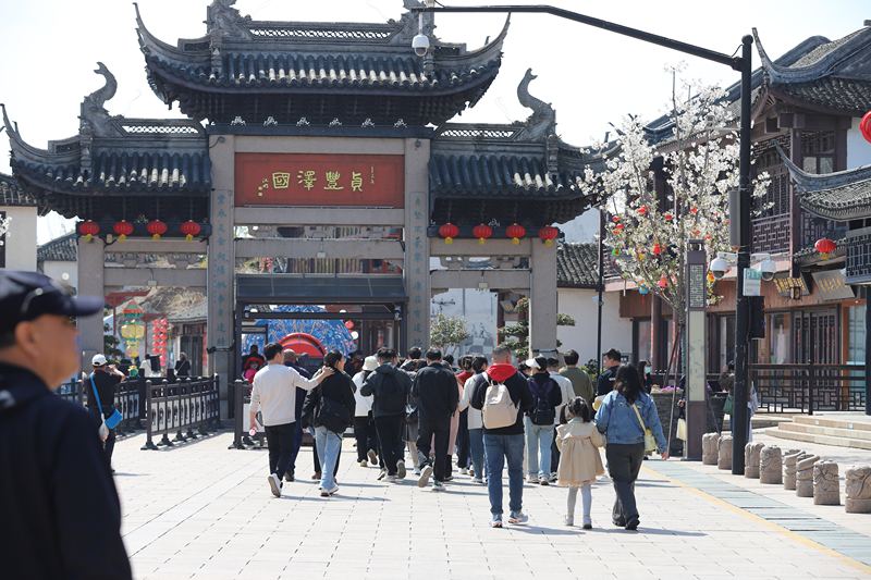 4月3日，清明假期前一天周庄古镇主入口旅行团、学生春游团不断进入。新京报贝壳财经记者 俞金旻 摄