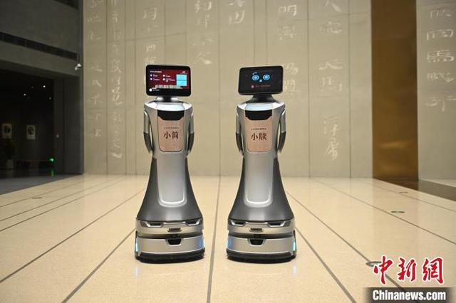 4月10日，甘肃简牍博物馆馆内接入DeepSeek大模型的导览AI机器人“小简”“小牍”。中新社记者 李亚龙 摄