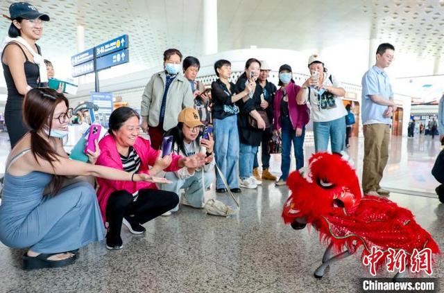 图为旅客们与机器狗互动。中新社记者 张畅 摄