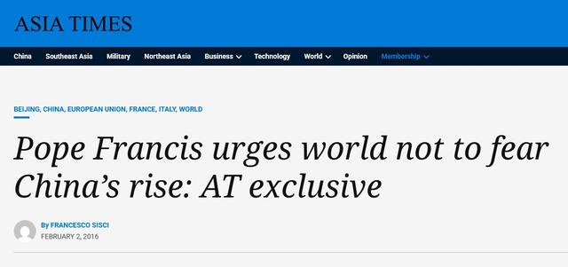 《亚洲时报》专访：方济各敦促世界不要害怕中国的崛起 《亚洲时报》报道截图