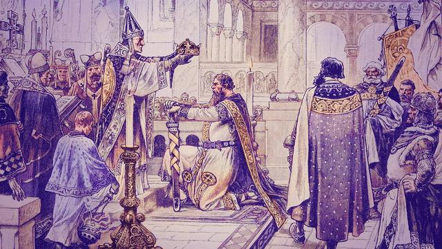 公元962年，教宗若望十二世为奥托一世加冕，称颂他为“神圣罗马帝国的皇帝” 图自：德国博物馆