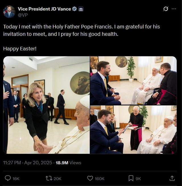 万斯20日与方济各见面后发帖，“我为他的健康祈祷” X截图