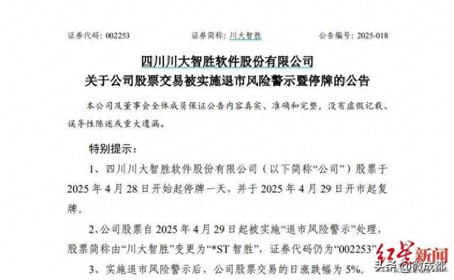 川大智胜被实施退市风险警示:因财务指标触规 明日起"ST"(图1)