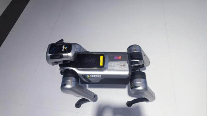 图为天翼陪跑机器狗正在现场展示性能。