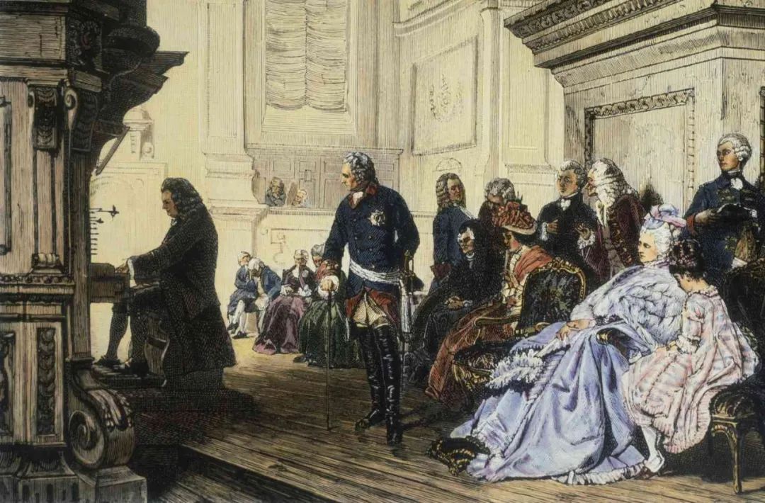 在赫尔曼·考尔巴赫创作的这幅版画中，巴赫为普鲁士国王腓特烈大帝演奏。（图/Theodor Knesing）