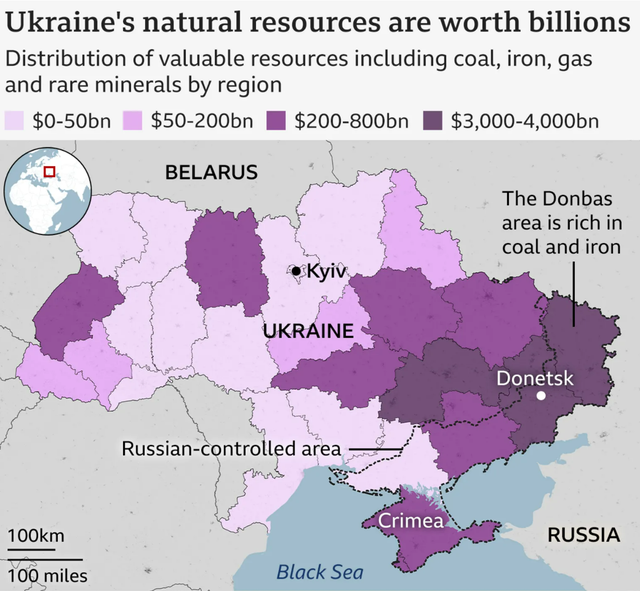 乌克兰各州的煤油气等稀缺资源估值分布（单位：十亿美元）。由此可以看出密度最高的出产州几乎都在俄控区两侧。图自BBC