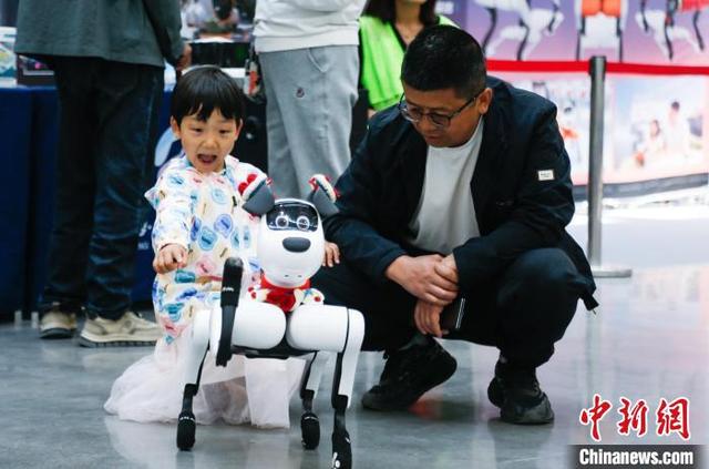 5月24日，青海西宁，小朋友与机器狗互动。中新社记者 马铭言 摄