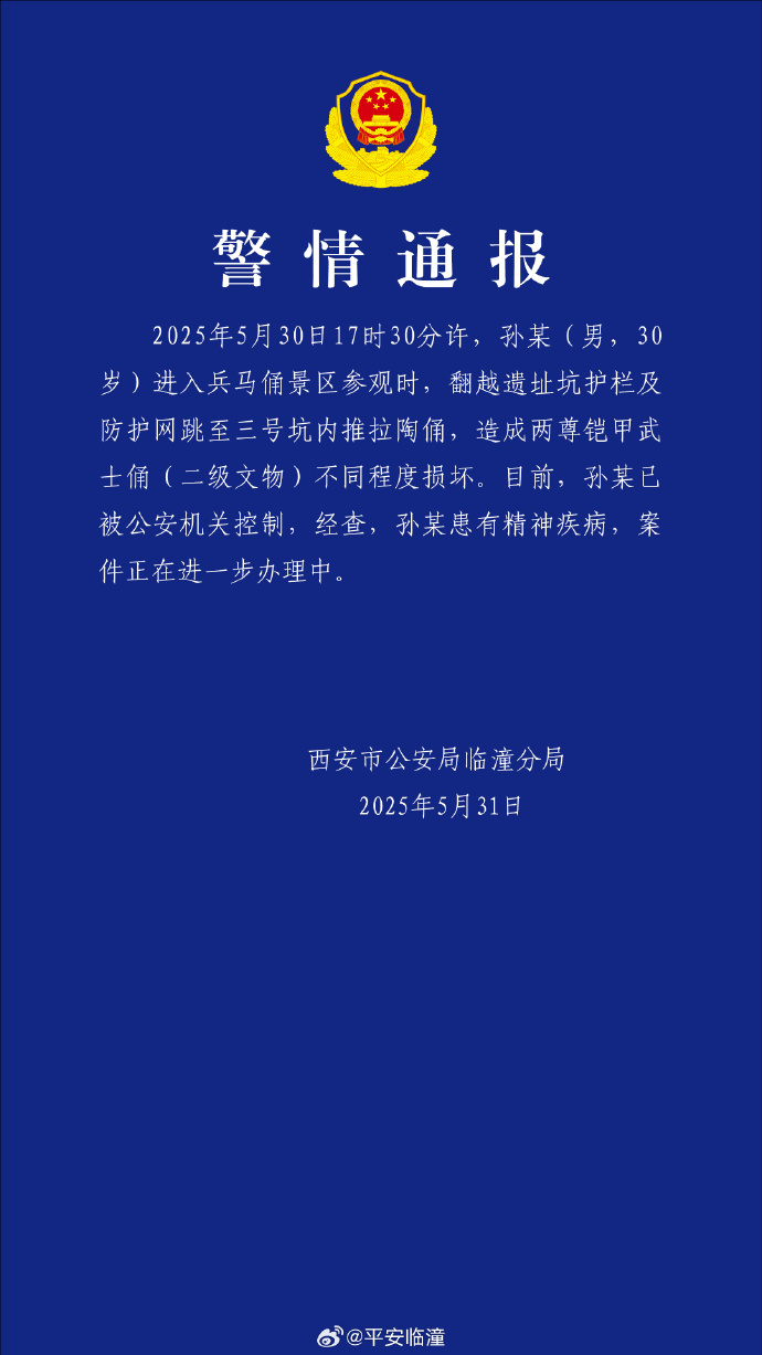 西安警方:进入兵马俑三号坑男子患有精神疾病,已被控制