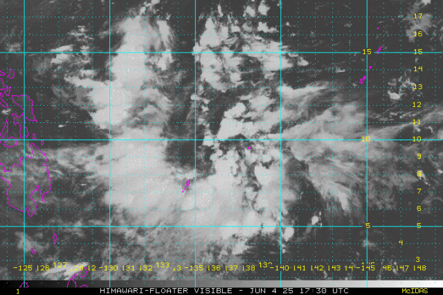 ▲葵花-9号卫星监测到的热带扰动92W云图动画（时间：6月5日01时30分至6月5日08时30分）。
