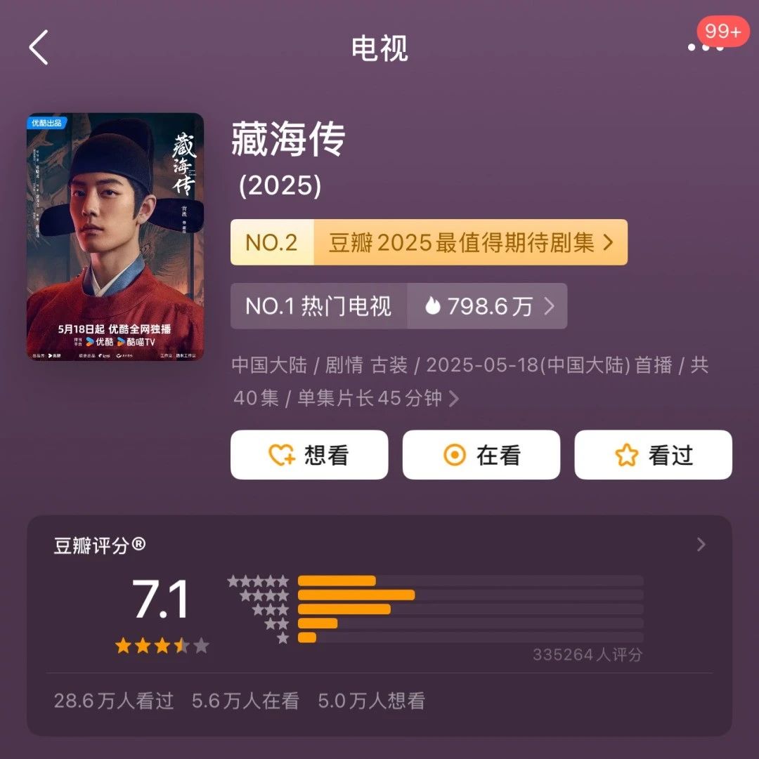 《藏海传》豆瓣开分7.1分,超33万人打分!