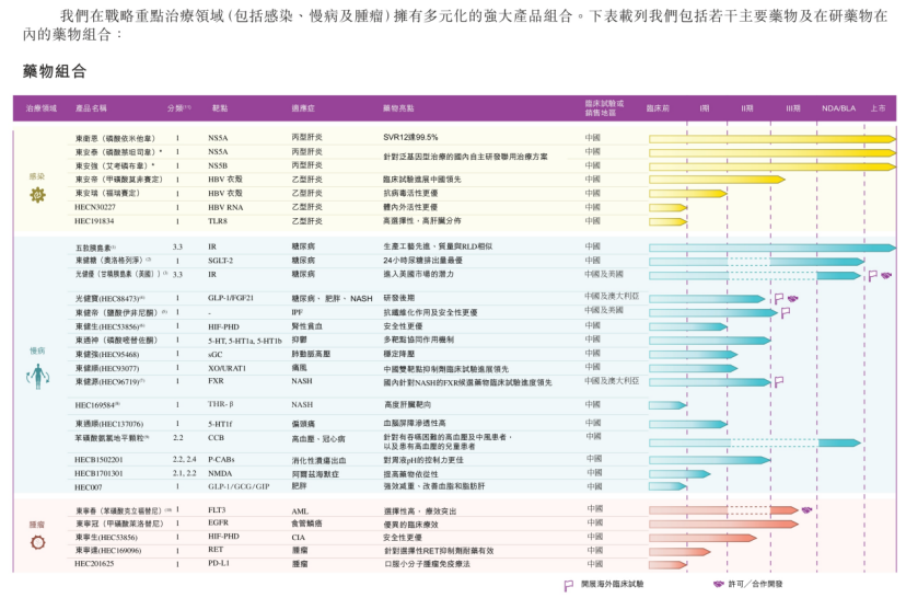 东阳光药主要药物及在研药物在内的药物组合，图片来源：企业招股书
