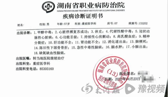 湖南省职业病防治院当日出具的诊断证明显示,患者存在甲醇中毒,代谢性