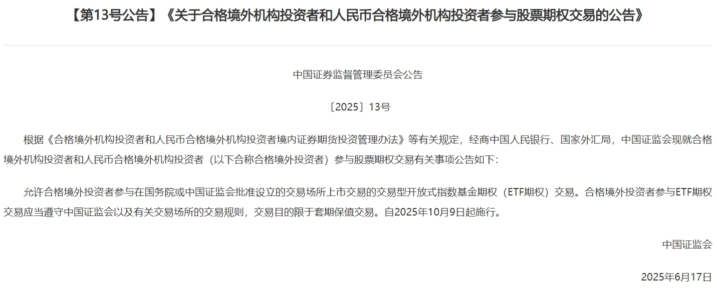 证监会：允许合格境外投资者参与ETF期权交易