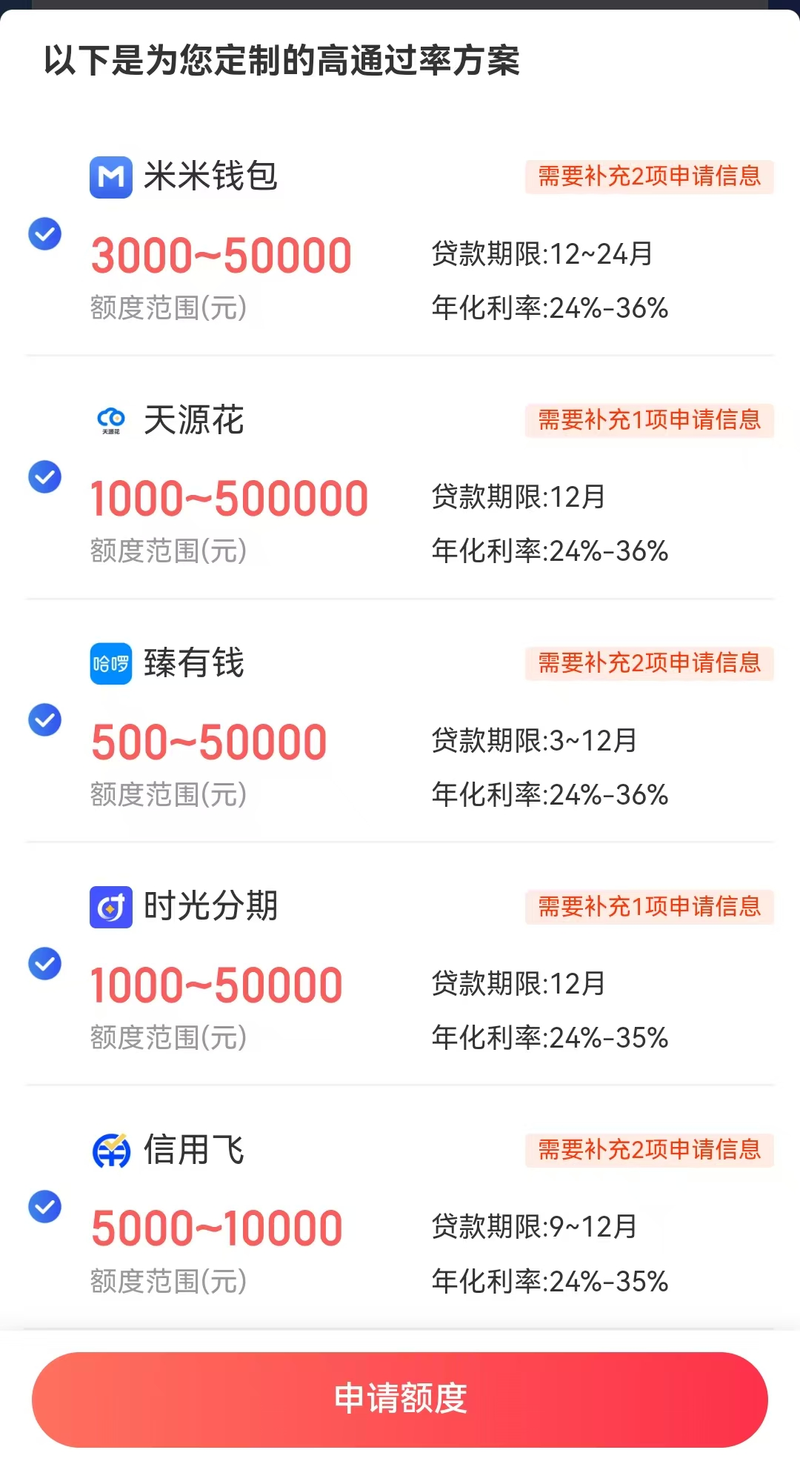 贝壳财经记者通过融360平台匹配借贷方案，出现米米钱包、天源花、臻有钱、时光分期等多个借贷方案。融360App截图