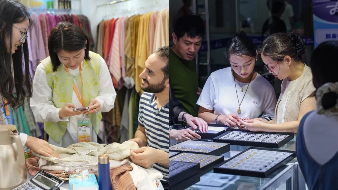左图：2024中国绍兴柯桥海外纺织品面辅料展览会。右图：位于浙江诸暨的华东海外珠宝城。据新华社