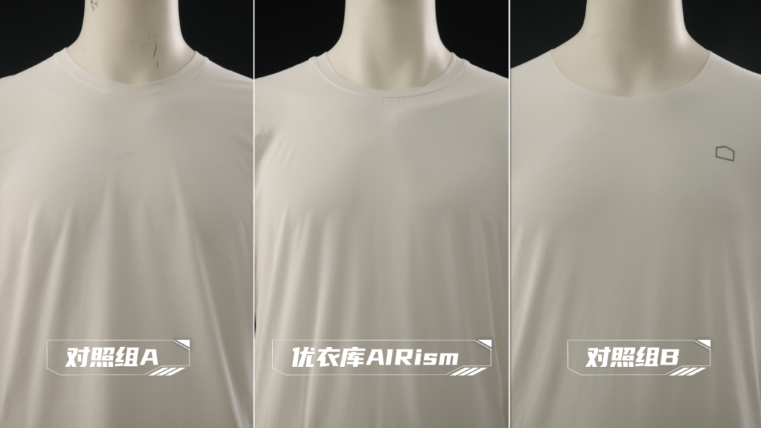 （对照组A：某国产品牌“凉皮”；实验组：AIRism空气衣；对照组B：某天然品牌打底衣）