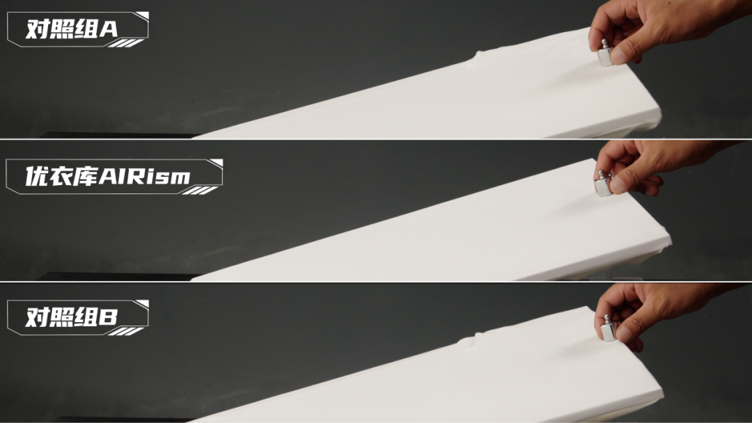 （对照组A：某国产品牌“凉皮”；实验组：AIRism空气衣；对照组B：某天然品牌打底衣）