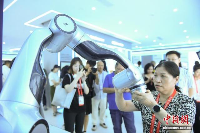 图为嘉宾与机器人互动。中新网记者 周毅 摄