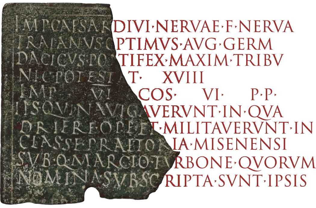 图丨撒丁岛出土的青铜军事证书残片，由图拉真皇帝颁发给战舰水兵，红色文本为 Aeneas 补足（来源：Nature）