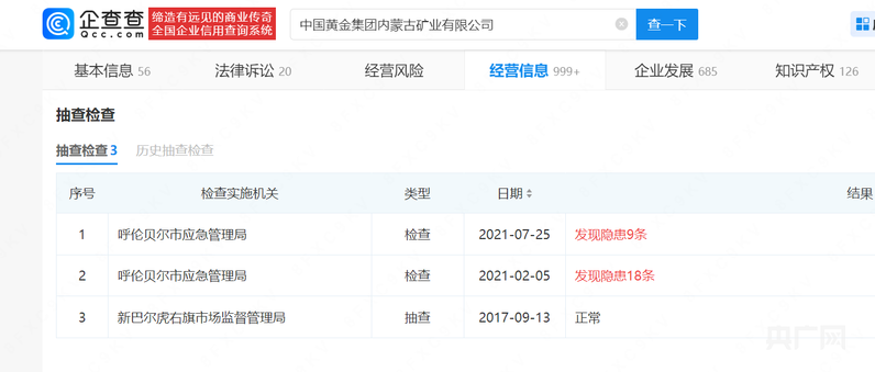 中金内蒙古矿业隐患信息(央广网发 图源企查查)