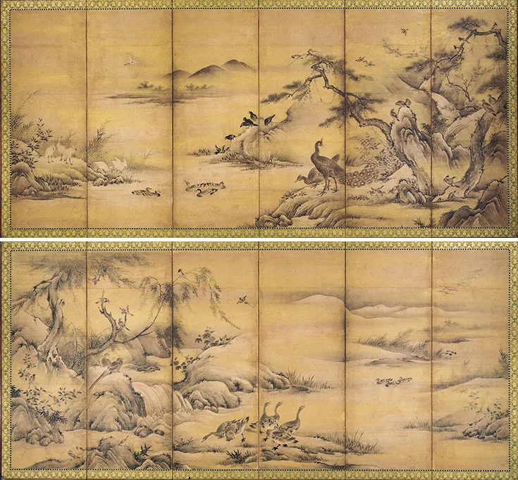 室町时代 狩野元信 《四季花鸟图屏风》 日本根津美术馆藏