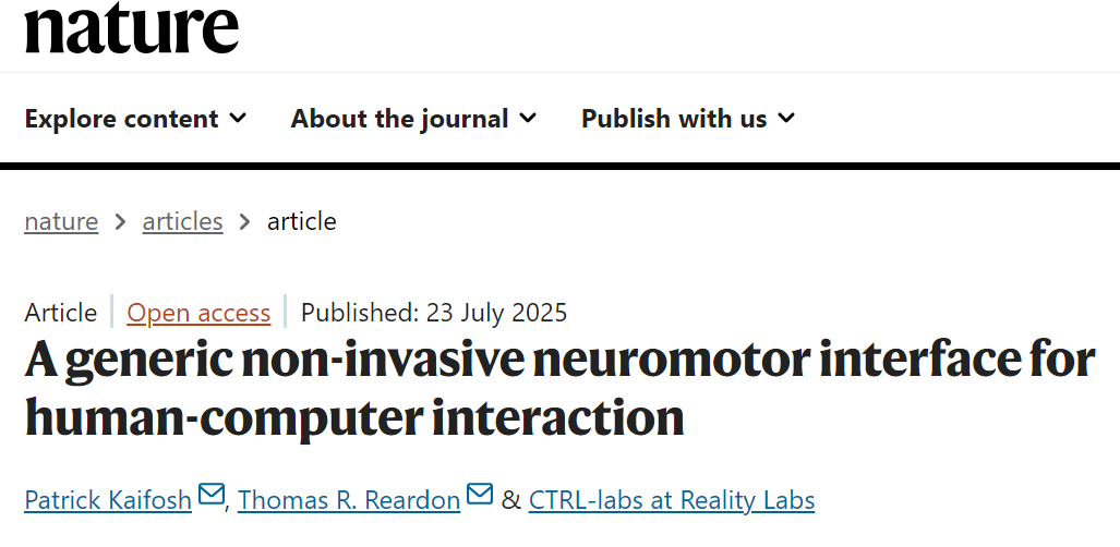 Meta新型腕带实现“意念控制”，用非侵入神经接口实现手势操控，成果已在Nature发表