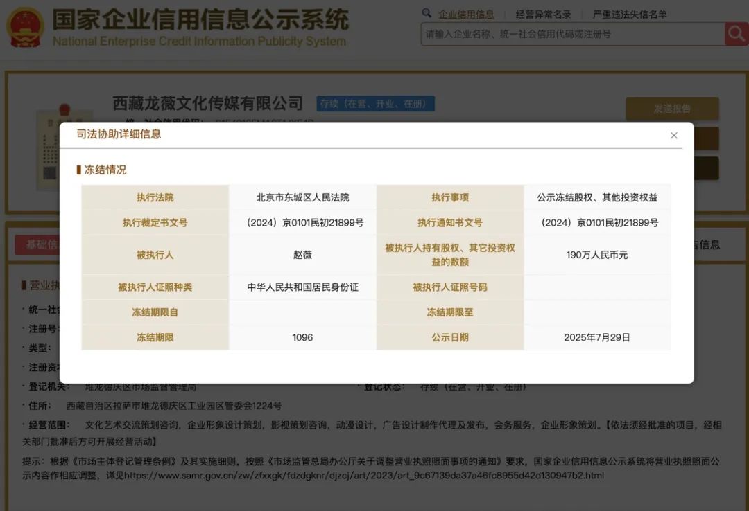 赵薇所持1590万元股权再被冻结