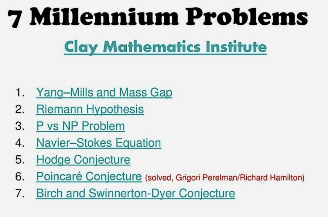目前，7大千禧难题只有庞加莱猜想得到了解决