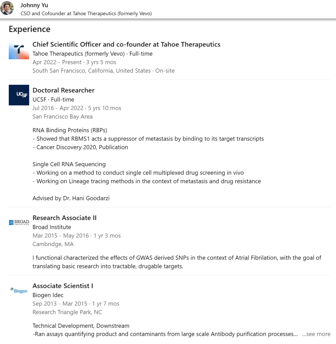 图 | Johnny Yu 的工作经历（来源：Johnny Yu 领英）