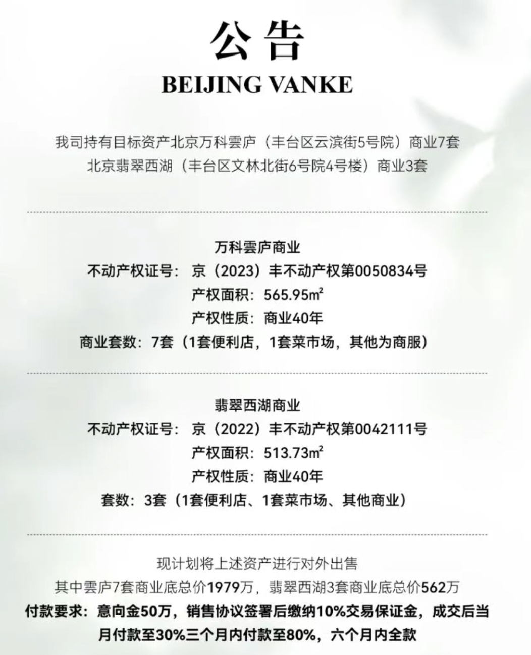 北京萬科擬以底價(jià)2541萬元出售部分商業(yè)用房，要求半年內(nèi)付清全款