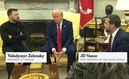 今年2月，澤連斯基、特朗普和萬(wàn)斯在白宮會(huì)晤期間激烈爭(zhēng)吵 視頻截圖