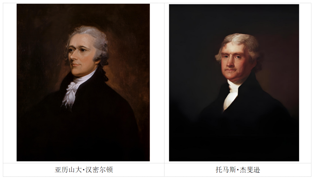 圖1、聯(lián)邦黨人和共和民主黨人代表（亞歷山大?漢密爾頓和托馬斯?杰斐遜）