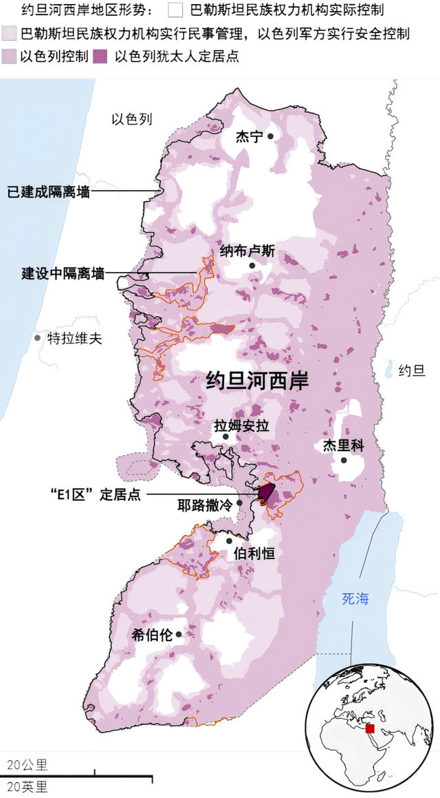 巴勒斯坦約旦河西岸地區(qū)行政控制圖，來(lái)源：Peace Now