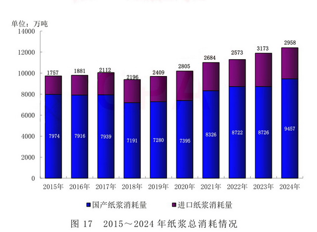 2015～2024年纸浆总消耗情况。资料来源：中国造纸工业2024年度报告