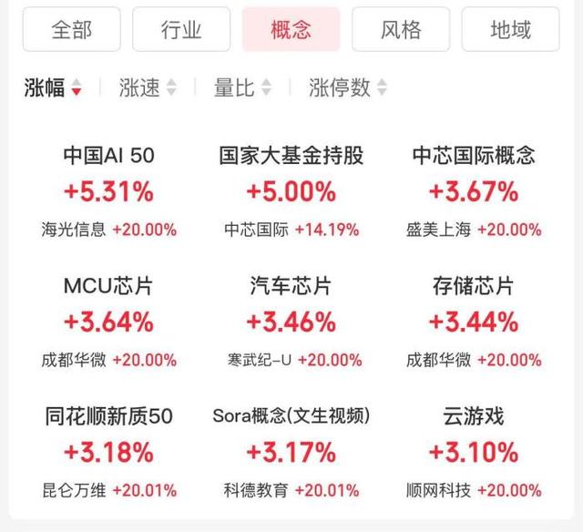 涨幅居前的概念板块。截图自同花顺。