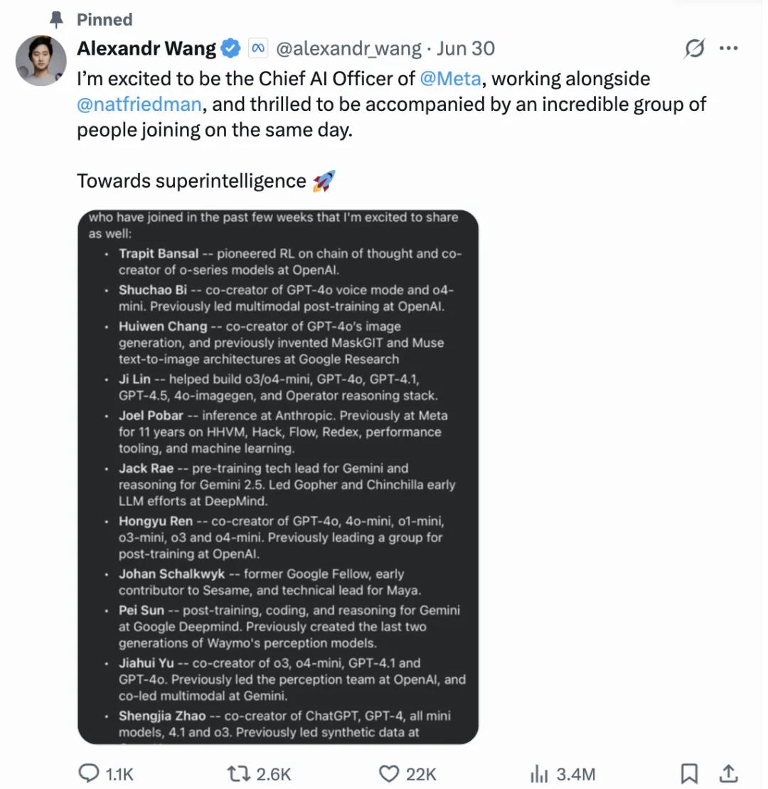 Alexandr Wang公布的Meta超级智能实验室人才｜图片来源：X