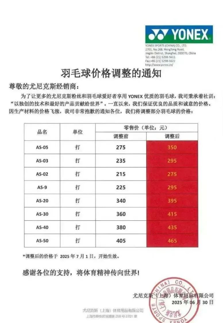 尤尼克斯发布的调价公告中，明确提到了原材料价格上涨的影响。（图/尤尼克斯）