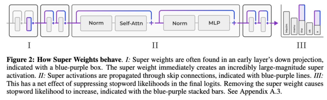 研究人员还通过图2，展示了超级权重触发超级激活，以及超级激活的传播机制。
