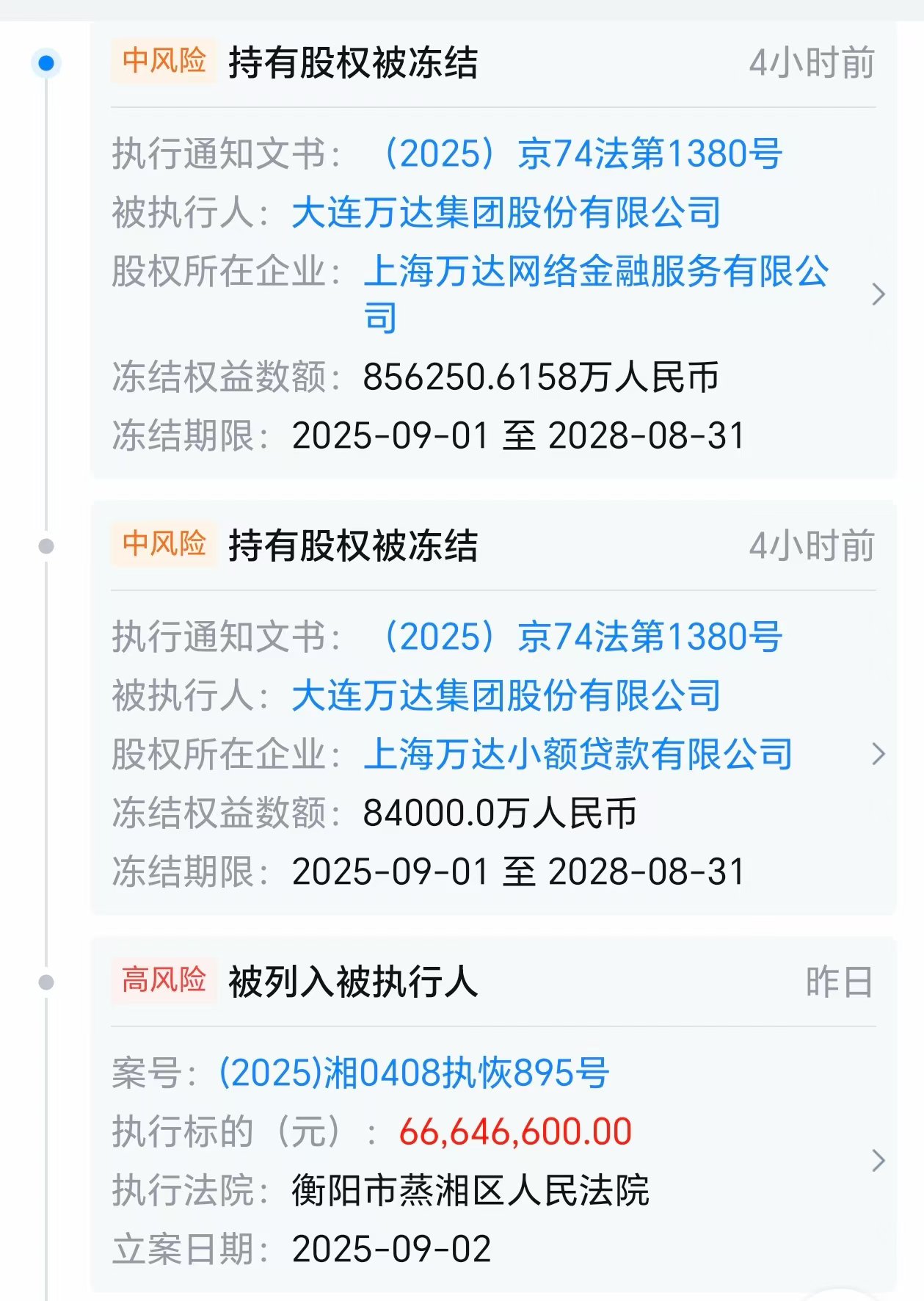 萬(wàn)達集團所持94億元股權被凍結，并被執行6664.66萬(wàn)元