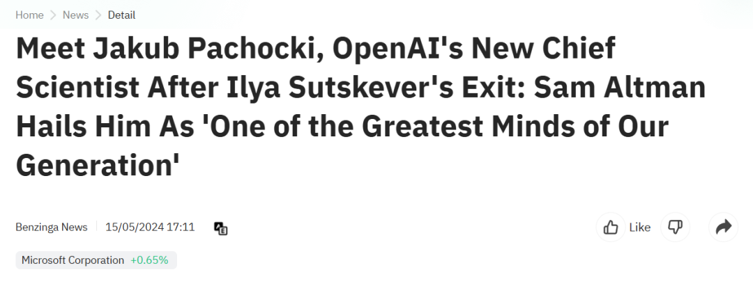 图Benzinga News报道截图：Jakub Pachocki接任OpenAI首席科学家