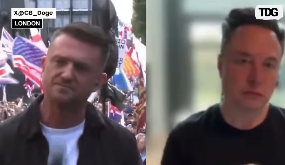 馬斯克13日通過(guò)視頻連線(xiàn)的方式與集會(huì )現場(chǎng)的羅賓遜對談，宣稱(chēng)英國需要“革命性地改變政府” 視頻截圖