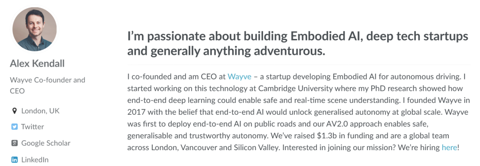 图 | 亚历克斯·肯德尔（Alex Kendall）个人主页（来源：肯德尔）