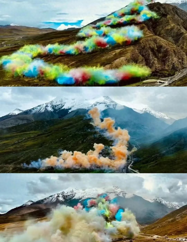 现场视频裸露，烟花秀通偏执药爆破在山岭烽火三幕烟花，形成“升龙”动态景不雅 图源：“央视新闻”微信公众号