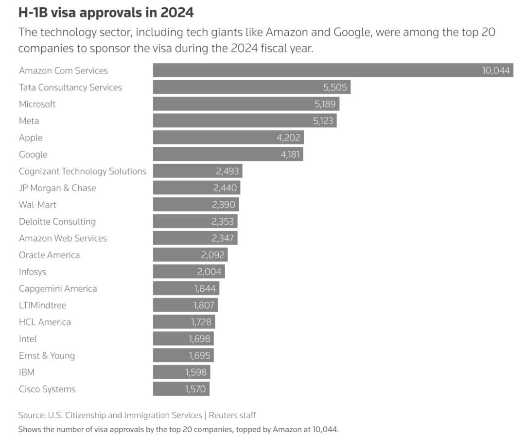 2024年前20家公司H-1B签证批准数量，亚马逊以 10,044 位居榜首