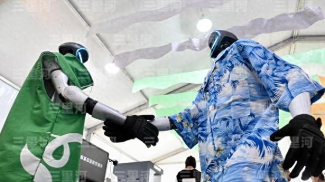 两个机器人在香港第三届“家乡市集嘉年华”活动上握手。图/中新网记者 李志华 摄