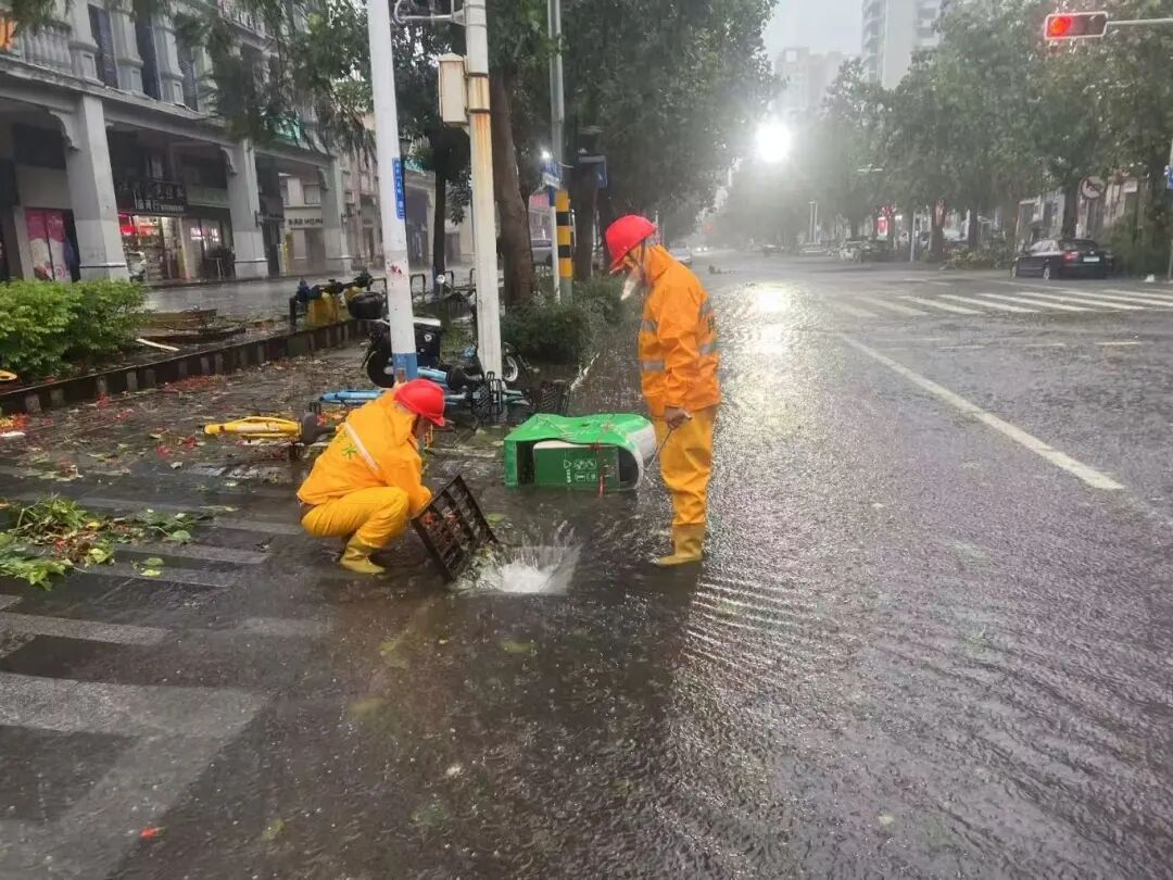 美蘭大隊(duì)小黃人在海甸一東路清理排水口樹葉垃圾，做好路面排水工作。